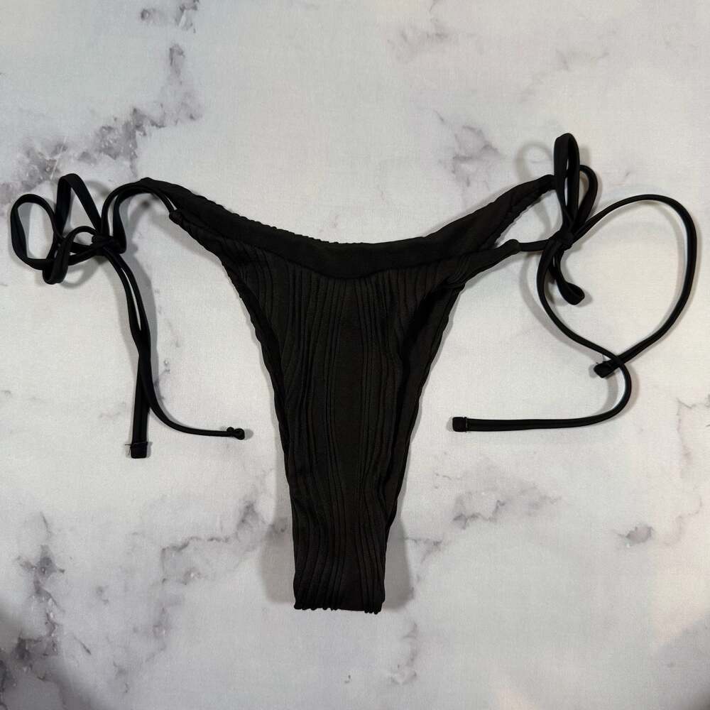 Black Ribbed Triangle String Bikini Two-Piece Cheeky Set Small - Picture 5 of 9